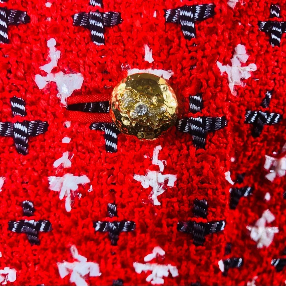 Doncaster multicolored red, white, black & silver metallic thread skirt suit szM - Picture 14 of 15